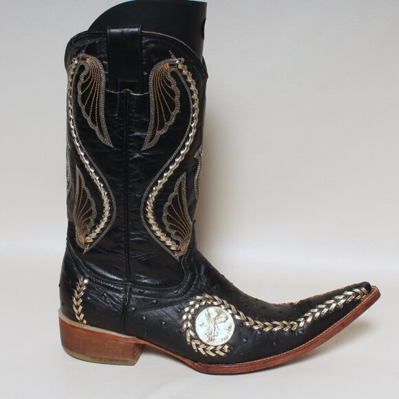 El General 1901 Mens Sz 8.5 Ostrich Embossed Black Leather Cowboy Western Boots - Picture 3 of 11